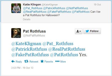 Kate Kligman as Pat Rothfuss for Halloween